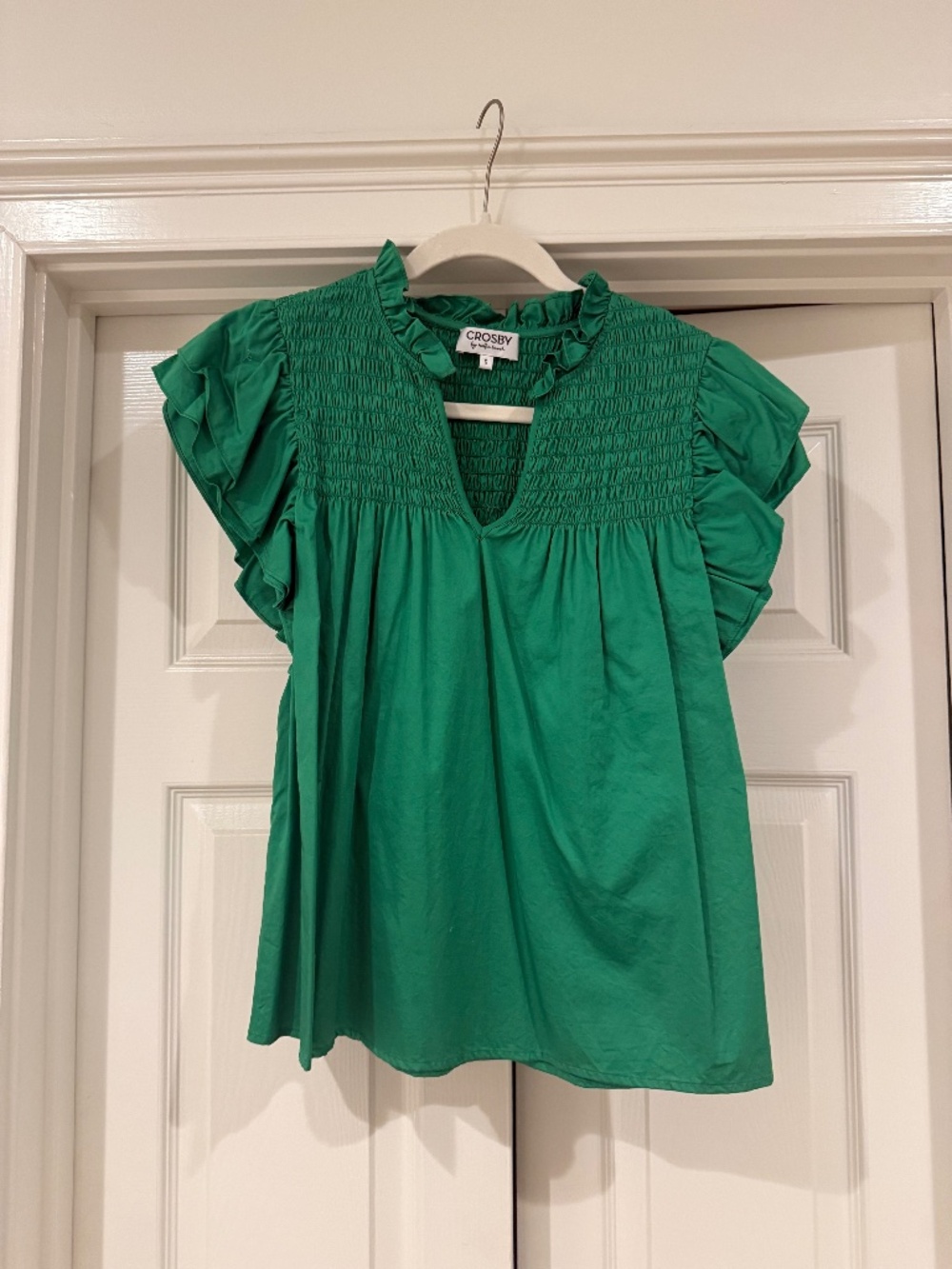 CROSBY by Mollie Burch Emerald Green Smocked Flutter Sleeve Top, Size Small